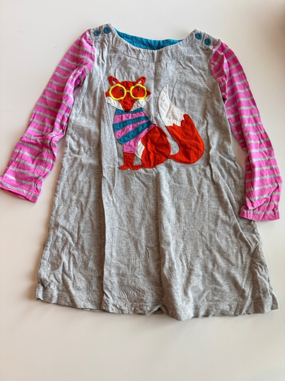 Mini Boden Grey Fox Applique Long Sleeve Dress - Size 5-6